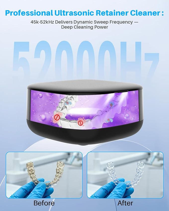 Voraiya 2025 Rechargeable Ultrasonic Retainer Cleaner, Portable Retainer Cleaner Machine, 52kHz Retainer Cleaner for Dentures, Night Guards, Mouth Guards, 166ml Dental Cleaning Pod with Mirror,3 Modes