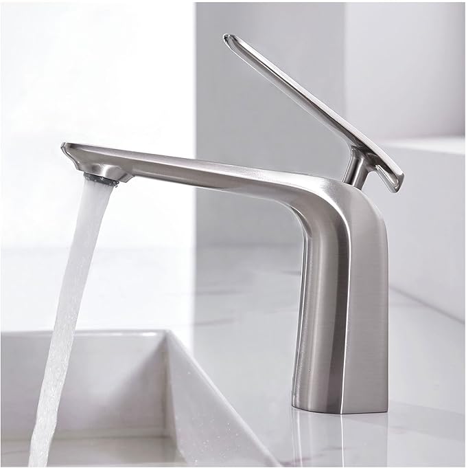 TOCALOCA 1 Handle Bathroom Faucet Brushed Nickel Sink Faucet, One Hole Bathroom Sink Faucet Modern Basin Mixer Taps, Premium Brass Vanity Faucet with Water Supply Hose