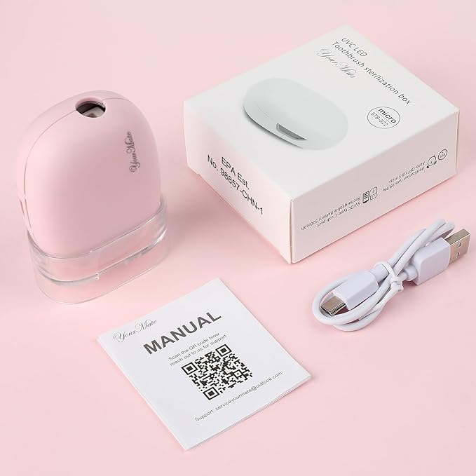 YourMate UVC Rechargerable Toothbrush Sanitizer Case Travel Toothbrush Covers Case with Holder for Houshold and Traveling or Business Trip Pink
