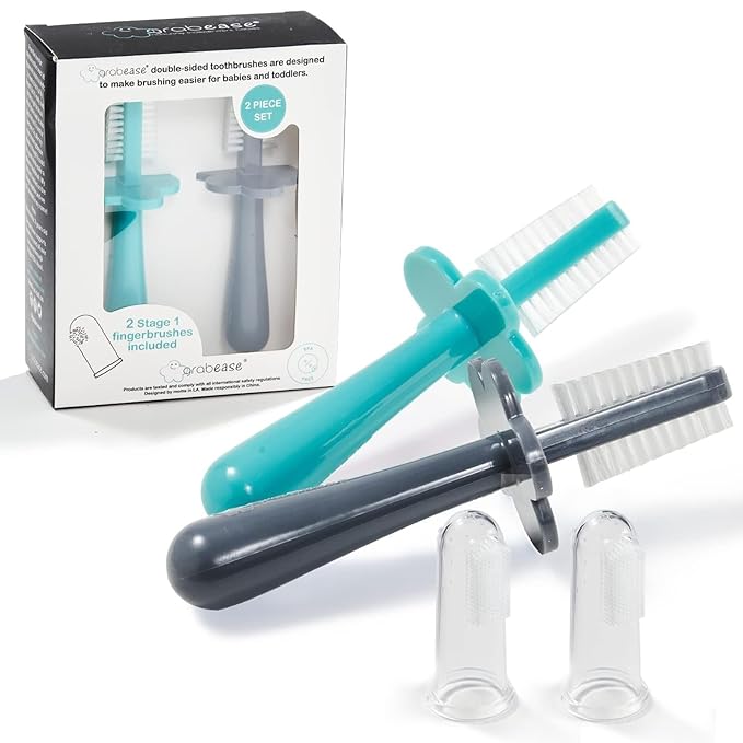 grabease Baby Toothbrush Double Sided - Training Finger Toothbrush for Babies and Infants Ages 1-2 Years, Food-Safe & Phthalate-Free, 2 Pack, Teal and Gray
