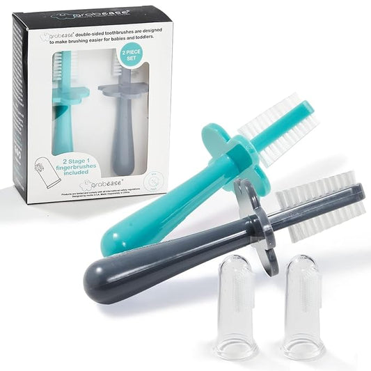 grabease Baby Toothbrush Double Sided - Training Finger Toothbrush for Babies and Infants Ages 1-2 Years, Food-Safe & Phthalate-Free, 2 Pack, Teal and Gray