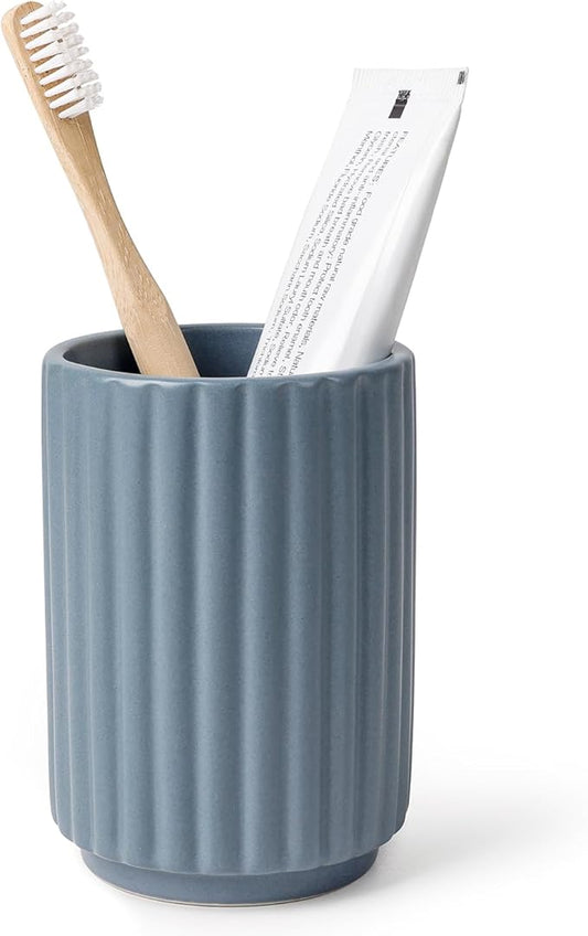 Toothbrush Holder, Tooth Brush Holder for Bathroom - Ceramic Toothbrush Cup Toothbrush Holders Countertop, Stripe Design Makeup Brush Holder Pen Holder, ANTIS'S HOME (Blue)