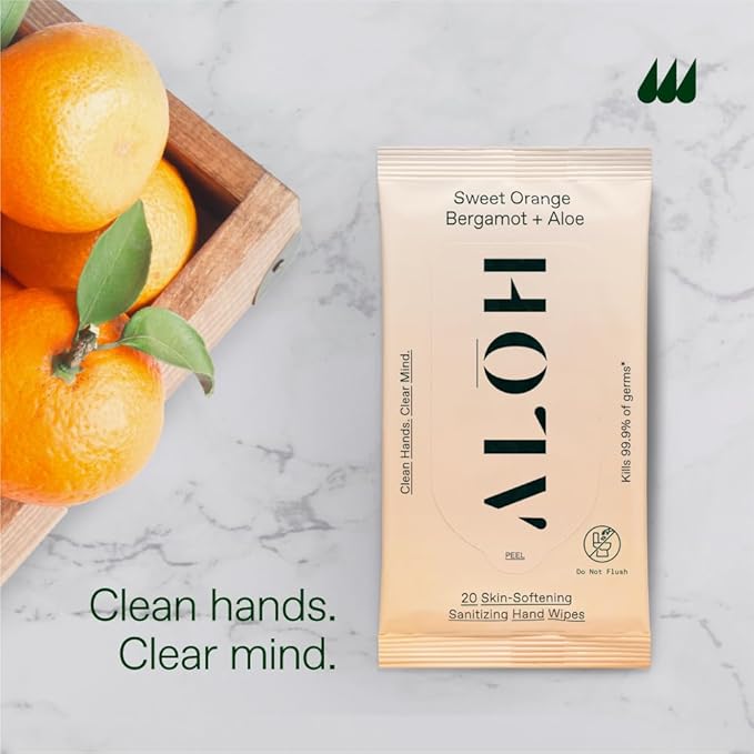 ALO ALŌH Sweet Orange Bergamot + Aloe Sanitizing Hand Wipes - Clean Hands, Clear Mind - On The Go Hand Sanitizer Wipes for Kids and Adults - (6 Pack, 20ct Wipes)