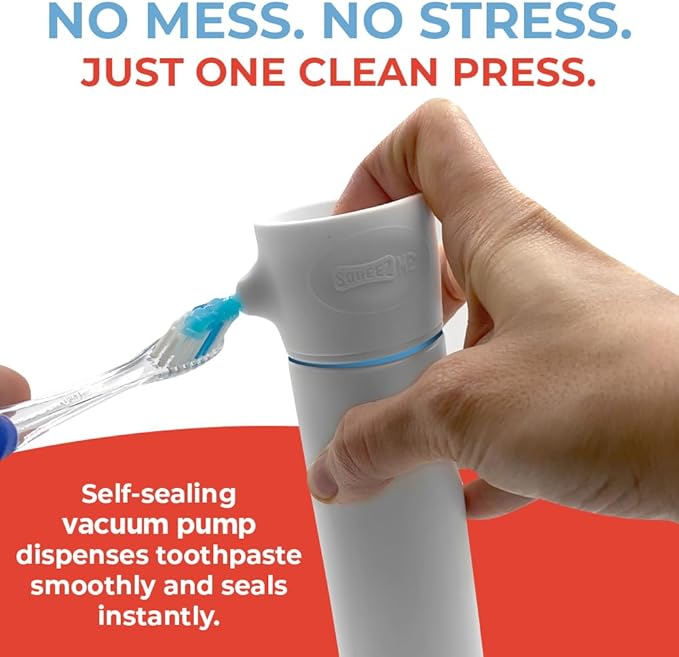 SqueezMe EasyPump Toothpaste Dispenser System - No-Mess Toothpaste Dispenser for Kids, Adults, Families - Hygienic Design & Easy One-Hand Use - Organizers & Accessories for Bathroom - Universal Fit