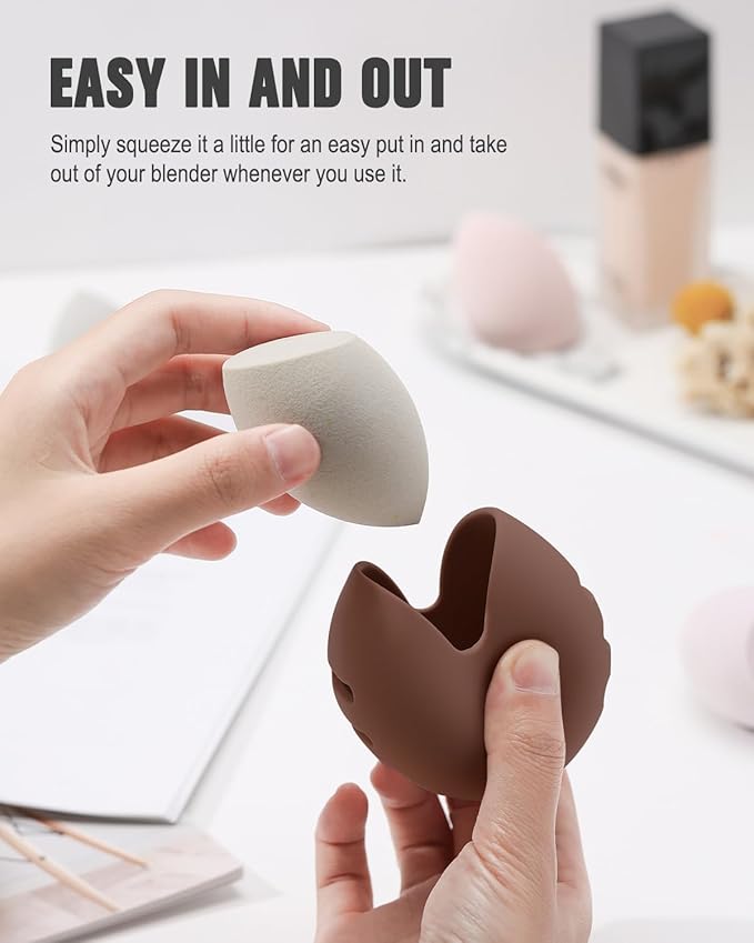 FERYES Makeup Sponge Holder – Shatterproof Eco-Friendly Silicone Beauty Make Up Blender Case for Travel - Brown