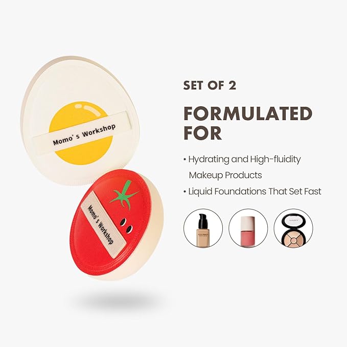 Momo’s Workshop Sun Egg Makeup Sponge Puff & Tomato Makeup Sponge Set - 2PC Medium Bounce Rubycell Foundation Puffs for Creamy Finish, Quick Blending, Comfortable for All Skin Types & Storage Case
