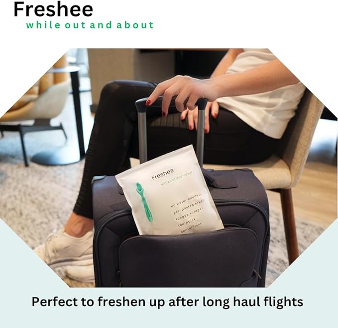 Freshee Paste - 5 in 1 Disposable Mini Toothbrush with Soft Bristles & Toothpaste + Floss + Pick + Tongue Scraper | Travel Size | Individually Wrapped | Soft | Mint | Travel Set |Oral Care