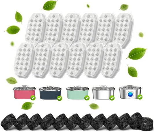 24 Pcs Cat Water Fountain Filters,12 Pack Cat Water Fountain Replacement Filters & 12 Pack Pre-Filter Sponges,Fountain Filter Replacement for Rellaty and Neareal 108oz/3.2L Pet Stainless Fountain