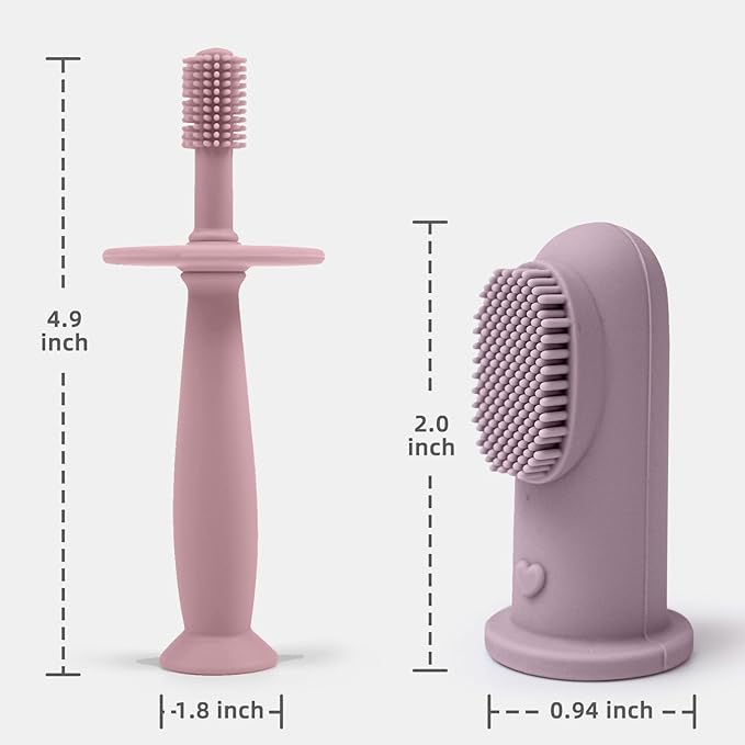 BumbleBee 360° Silicone Toothbrush & Finger Toothbrush Set - Soft Silicone Toothbrush for Baby, Infant Toddler - Baby Training Toothbrush Set Oral Care Kit - Pink Purple