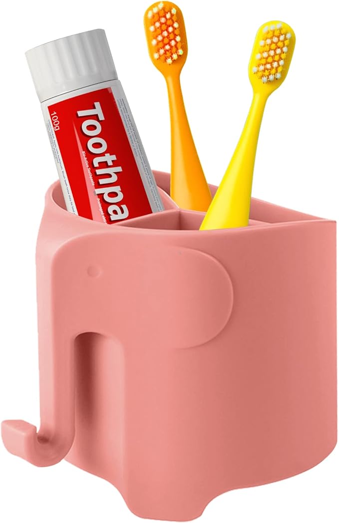 RyanLemon Elephant Toothbrush Holder for Toddler, Suction Cup Cute Toothbrush Holder for Kids, for Bathroom, with 3 Slots and 1 Hook, Watermelon Red