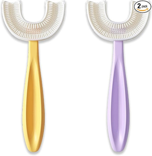 U Shaped Toothbrush Kids 6-12 Years Old- Two Premium Soft Toothbrushes Come with Travel Case & - Rounded Tooth Brushes Kids Size Head Makes Brushing Fun & Easy - 1 Purple, 1 Yellow