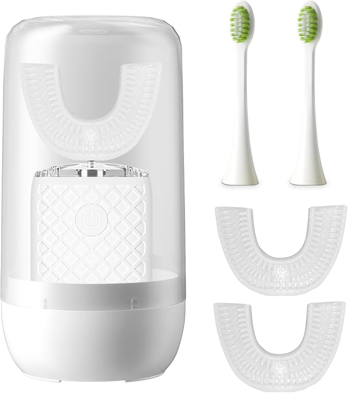 yeklike Adult Sonic Automatic Electric Toothbrush, 360° Oral Cleaning Stain Whitening, IPX7 Waterproof Rechargeable, u-Shape Brush Head*3+Straight Handle Brush Head*2 (White - Cup)
