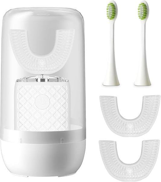 yeklike Adult Sonic Automatic Electric Toothbrush, 360° Oral Cleaning Stain Whitening, IPX7 Waterproof Rechargeable, u-Shape Brush Head*3+Straight Handle Brush Head*2 (White - Cup)