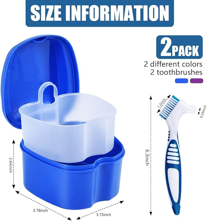 2 Pack Denture Bath Case Cup Box Holder Storage Container with Denture Cleaner Brush Strainer Basket for Travel Cleaning (Blue and Purple)