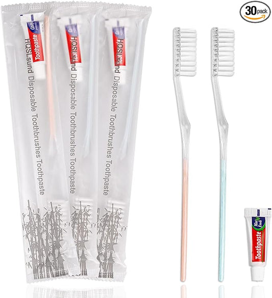 HQSLsund 30 Pack Disposable Toothbrushes with Toothpaste, Individually Wrapped Bulk Medium Soft Bristle Tooth Brush Manual Travel Toothbrush Kit Bulk, White, 0.5 kilograms