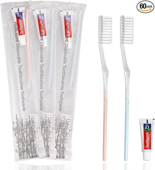 HQSLsund 60 Pack Disposable Toothbrushes with Toothpaste Individually Wrapped (2colors)