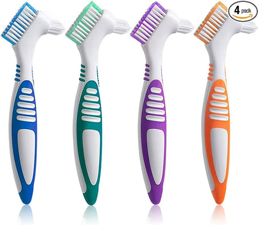 Denture Brush 4Pcs Denture Toothbrushes，Denture Cleaning Care Cleaning Brush ，Double Sided Toothbrush，Multi-Layered Bristles and Rubber Anti-Slip Handle (Purple, Green, Blue, Orange)