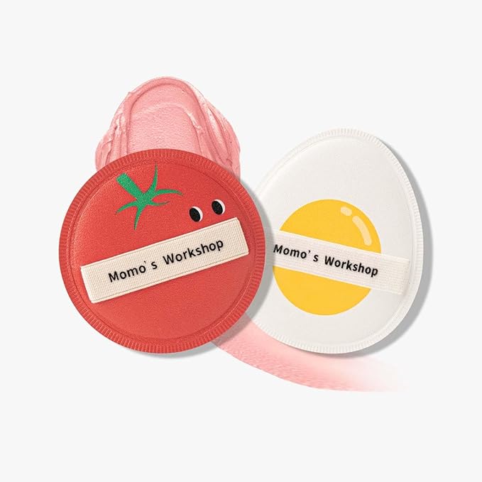 Momo’s Workshop Sun Egg Makeup Sponge Puff & Tomato Makeup Sponge Set - 2PC Medium Bounce Rubycell Foundation Puffs for Creamy Finish, Quick Blending, Comfortable for All Skin Types & Storage Case