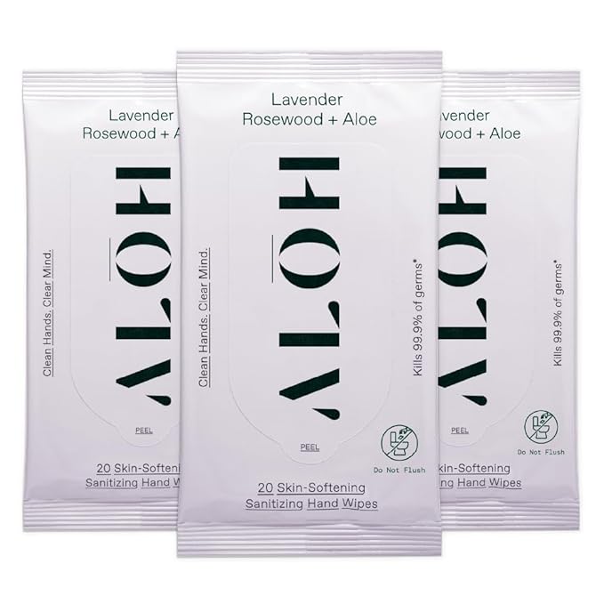 ALOH Antibacterial Wipes – Lavender & Rosewood Sanitizing Hand Wipes - Clean Hands, Clear Minds - On The Go Hand Sanitizer Wipes for Kids and Adults - Travel Size 3 Pack, 20ct Wipes (60 wipes)