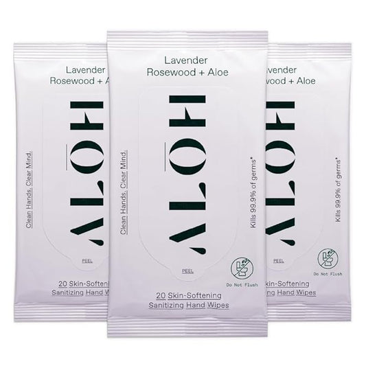 ALOH Antibacterial Wipes – Lavender & Rosewood Sanitizing Hand Wipes - Clean Hands, Clear Minds - On The Go Hand Sanitizer Wipes for Kids and Adults - Travel Size 3 Pack, 20ct Wipes (60 wipes)