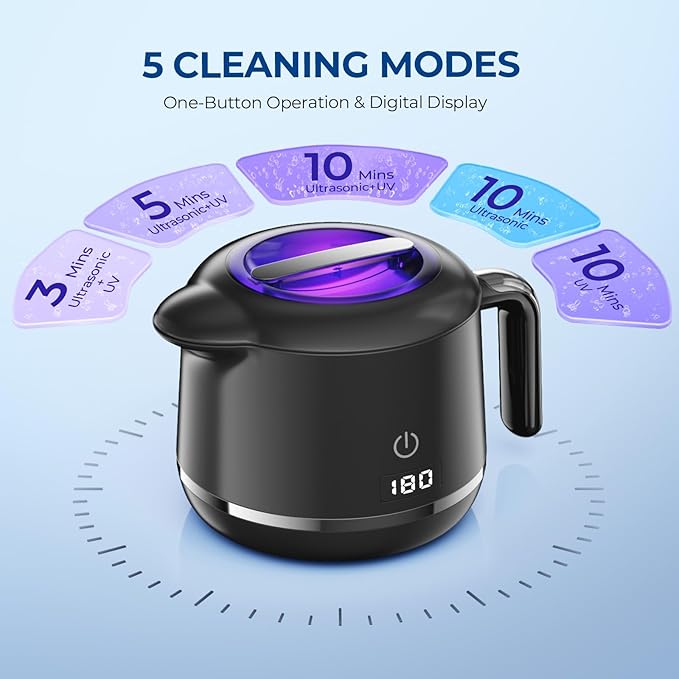 Ultrasonic Retainer Cleaner Machine - 45kHz Ultrasonic Cleaner - 200ML Mouth Guard & Denture Cleaner Pod & Jewelry - 5 Modes with Digital Timer - Upgrade Water Bottle Design
