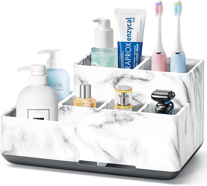 Toothbrush Holders for Bathrooms, Plastic Bathroom Countertop Organizer Compartment, Vanity Organizer Tray,Countertop Organizer Box, Kids Desk Organizers and Storage,White Marble Pattern