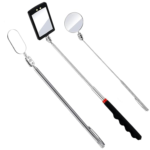 3PCS Telescopic Inspection Mirror,Stainless Steel LED Telescoping Inspection Mirror,Portable 360 Degree Rotating Mechanic Mirror with Long Handle Tool(Oval, Round,Square)