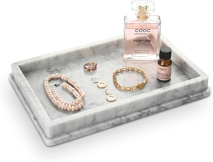 Large Natural Marble Bathroom Vanity Tray 12 inch, Carrara White Stone Jewelry Tray, Rectangle Sink Trays, Modern Tank Trays, Countertop Organizer for Soap Dispenser, Kitchen, Home Decor