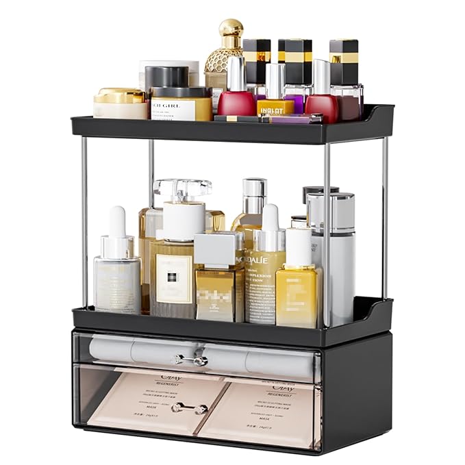 Yieach Acrylic Makeup Organizer Countertop,Large Skincare Organizer for Dresser Top,Plastic Bathroom Counter Organizers and Storage for Beauty,Cosmetic,Hair Products,Lotion and Perfume Organizer,Black