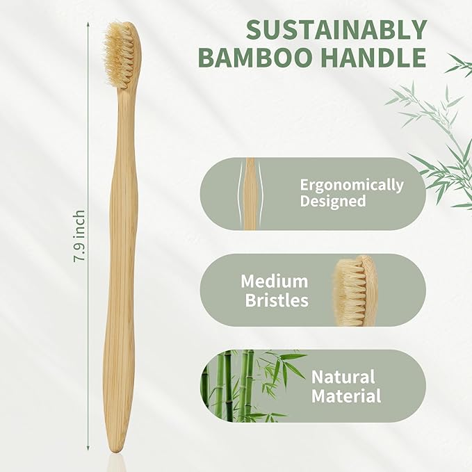 12 Pack Bamboo Toothbrushes - Natural Boar Bristle Toothbrush for Gum Health & Teeth Whitening, Wooden Organic Toothbrushes for Adults (Plastic Free)