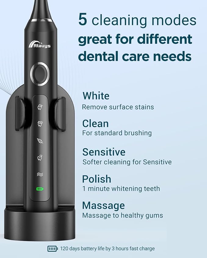 Rtauys 2 Pack Electric Toothbrush for Adults - 2 Rechargeable Electric Toothbrushes with 12 Brush Heads & 2 Travel Cases, Power Electric Toothbrush with Holder, 120 Days Battery Life - Black+Rosered