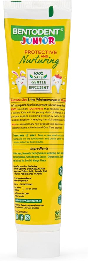 Bentodent Fluoride Free Kids Toothpaste - Natural Calcium Bentonite Clay Toothpaste - SLS Free, Fresh Breath, Plaque Removal by Brushing (Mango)