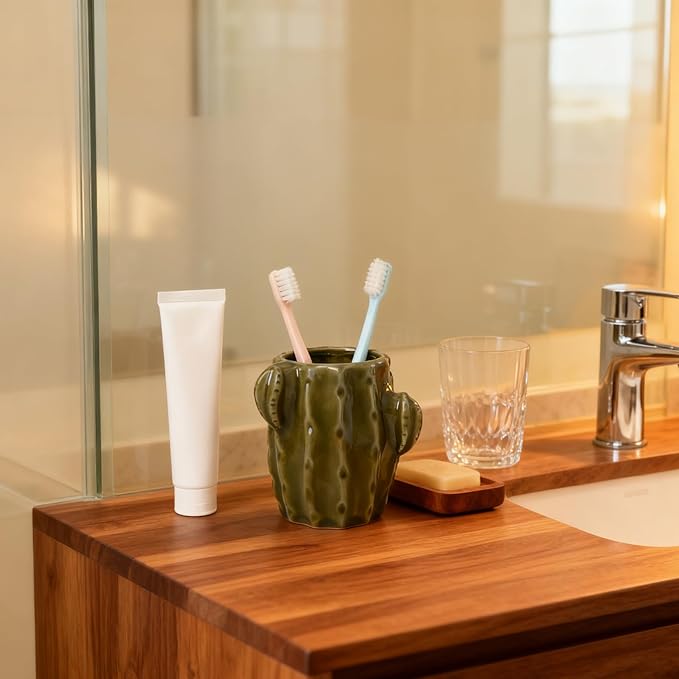 Cactus Toothbrush Holder for Bathrooms，Ceramic Toothpaste Holder Cute Toothbrush Holder Set,for Bathroom Counter and Desk Office Fun Decor Desk Organizer, Makeup Brush Holder - Dark Green