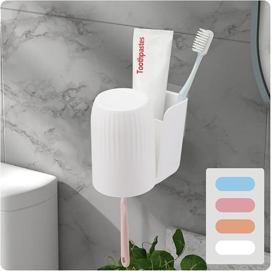 Toothbrush Holders for Bathrooms Toothbrush Holders Wall Mounted BPA-Free Tooth Brush Holder with Toothbrush Cup Drilling-Free (White)
