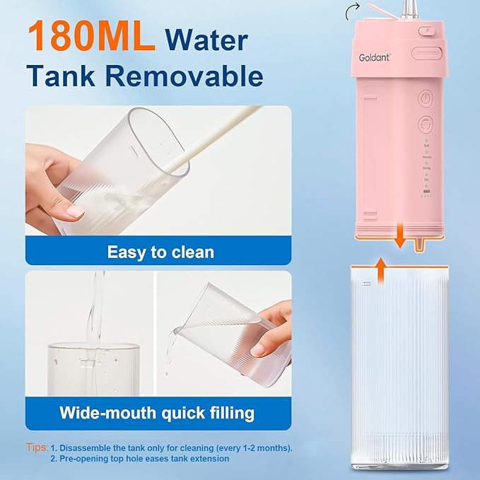 Portable Water Flosser for Teeth with Exquisite Travel Case, Cordless Rechargeable Mini Oral Irrigator with Removable Tank, IPX7 Waterproof, 4 Modes & 4 Jet Tips for Tooth Cleaning (Pink)