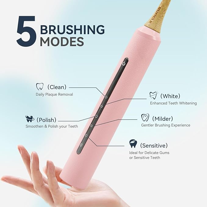 Bamboo Electric Toothbrush for Adults丨Rechargeable Electric Toothbrush with 3 Non Toxic Charcoal Infused Bamboo Brush Heads, 5 Cleaning Modes, 60 Days Battery Life, IPX7 Waterproof-White