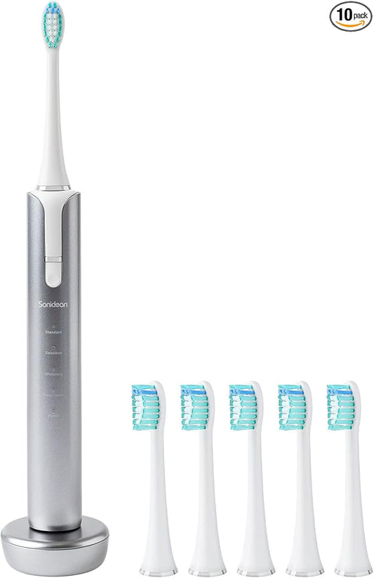 Soniclean Lux Sonic Toothbrush for Adults with 6 Toothbrush Heads, Rechargeable, Automatic, Sonic, Platinum