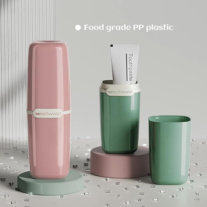 Green Plastic Travel Toothbrush Holder Case with Cover, Portable Travel Toothbrush Cup, Storage Container for School Camping Business Trip Bathroom