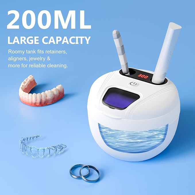 Dental Ultrasonic Retainer Cleaner Machine - Dental Cleaning Pod for Denture, Mouth Guard, Aligner, Night Guard, Braces, Toothbrush Heads, Jewelry, 45kHz Sonic Cleaner with Digital Timer & 200ML