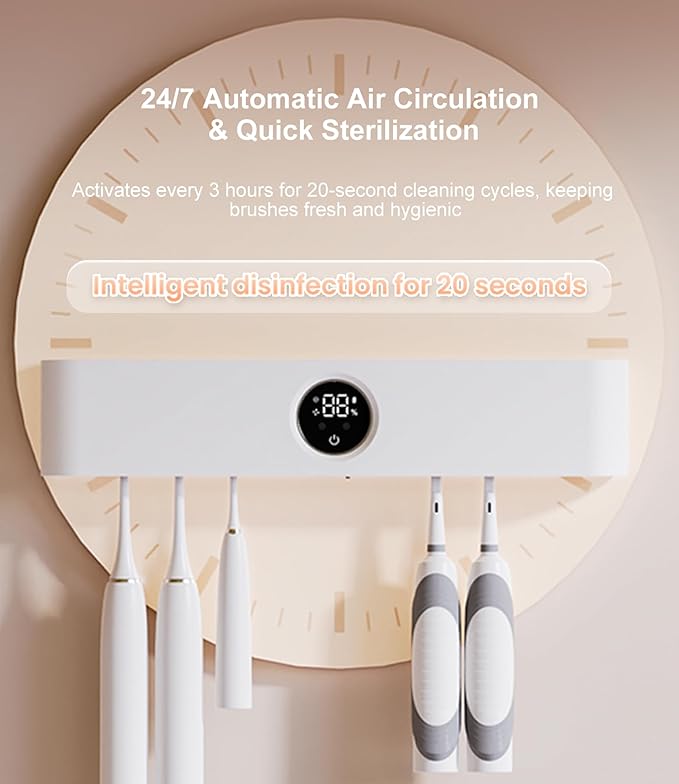 Smart Toothbrush Holder with Drying & Ventilation, 5 Brush Organizer with LED Display, Wall Mounted Storage with Shaver Slot for Family Bathroom