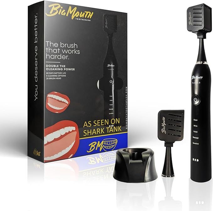 Dr Bobbi Big Mouth Electric Toothbrush for Adults | Ultrasonic Rechargeable Tooth Brush with 5 Cleaning Modes & 2-Minute Smart Timer | Extra Electric Toothbrush Heads Included | Black