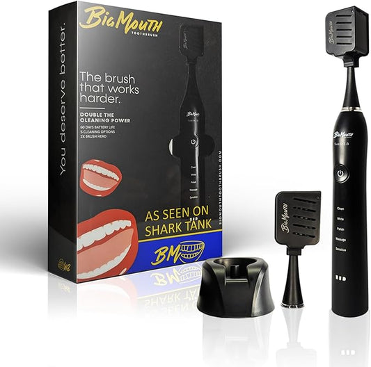 Dr Bobbi Big Mouth Electric Toothbrush for Adults | Ultrasonic Rechargeable Tooth Brush with 5 Cleaning Modes & 2-Minute Smart Timer | Extra Electric Toothbrush Heads Included | Black