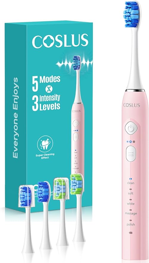COSLUS Sonic Electric Toothbrush for Adults & Kids: 3 Intensities & 5 Modes Gum-Friendly for Deep Cleaning & Whitening - 2 Types of Heads for Family, Sensitive Teeth, Braces, Travel & Home, Pink, 1PC