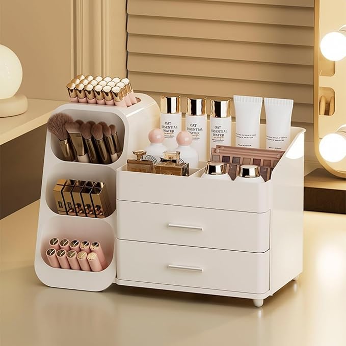Makeup Organizer with Drawers,Large Capacity Countertop Organizer for Vanity,Bathroom and Bedroom Desk Cosmetics Organizer,Easy To Storage Skincare,Brushes,Lotions,Lipstick (All Cream)