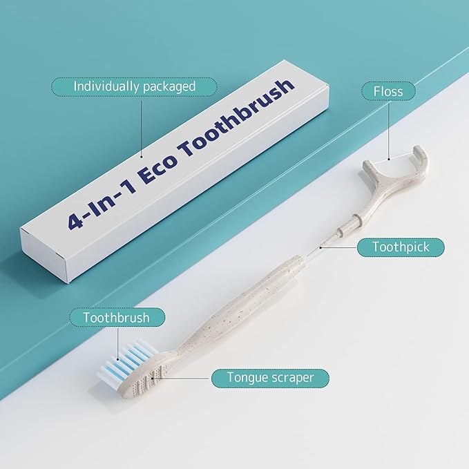 Travel Toothbrush Dental Floss Picks - 4 in 1 Biodegradable Disposable Toothbrushes with Tongue Scraper, Eco-Friendly Individually Wrapped Toothbrush for Adult Kids Travel Oral Care, 80 Pack