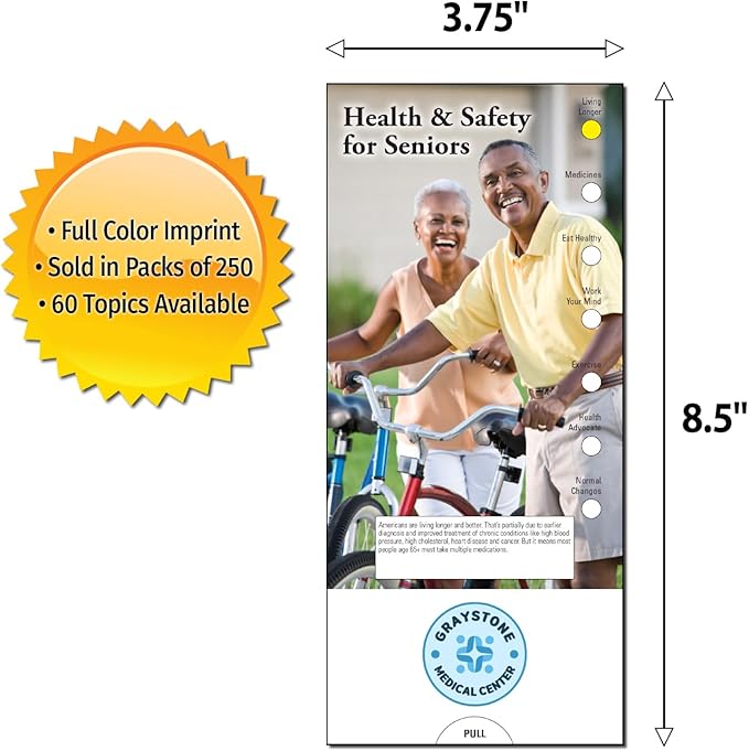 ZOCO - Health & Safety for Seniors Slide Chart - Custom Promotional Item (Pack of 250) - Medications, Exercise, Mental Wellness - Doctor’s Office, Clinics, Nursing Homes Handout - 3.75 x 8.5 in.