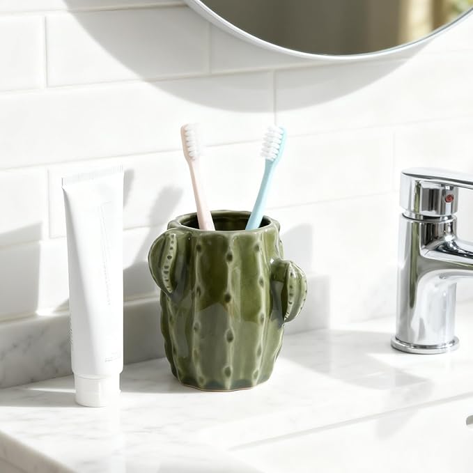 Cactus Toothbrush Holder for Bathrooms，Ceramic Toothpaste Holder Cute Toothbrush Holder Set,for Bathroom Counter and Desk Office Fun Decor Desk Organizer, Makeup Brush Holder - Dark Green