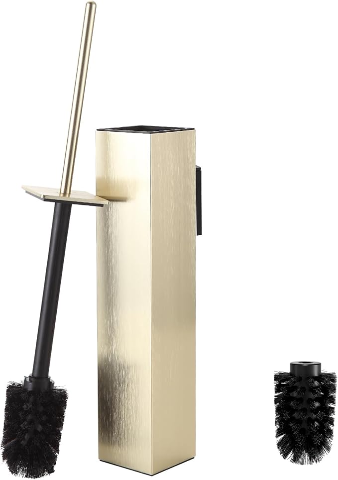 Toilet Brush and Holder Wall Mounted, Brushed Gold Aluminum with 2 Replaceable Heads, Bathroom Toilet Brush, Drill or 3M Adhesive Mount, Removable Liner and Splash Guard, Modern Square Design