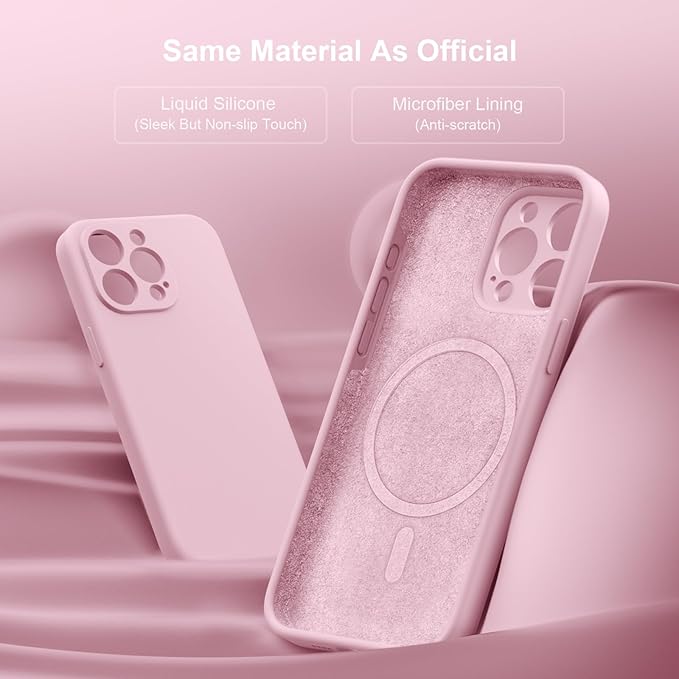 Magnetic for iPhone 15 Pro Case, Compatible with MagSafe, with 9H Nano Screen Protectors, Full Camera Protection, Silicone Shockproof Microfiber Lining Phone Case 6.1", Chalk Pink
