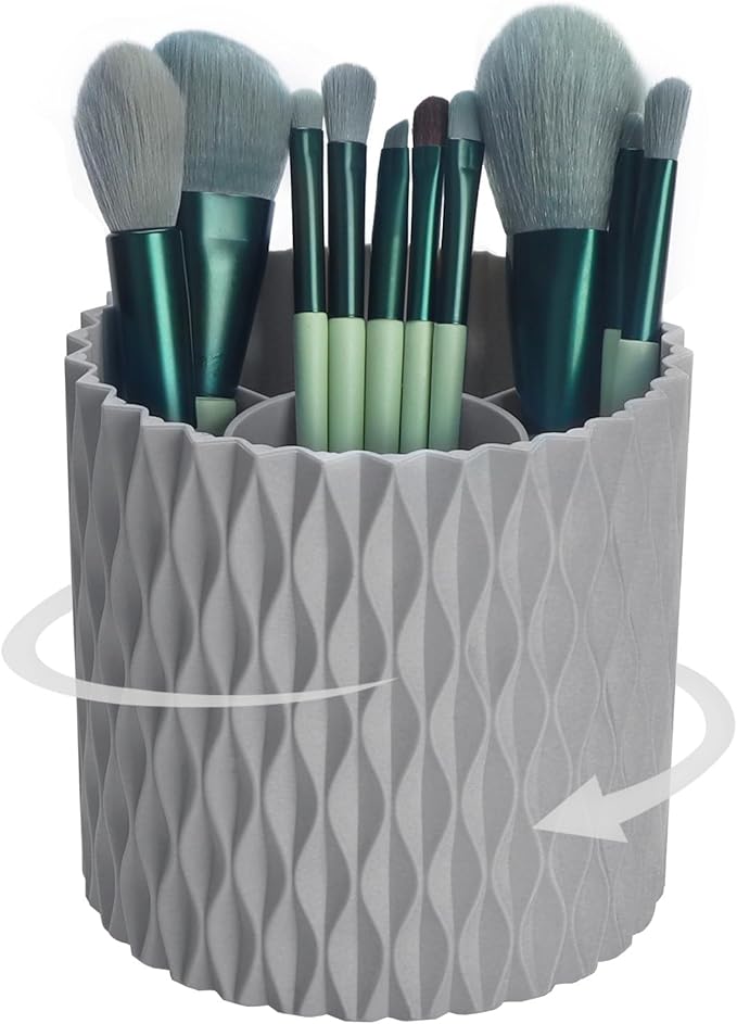 Makeup Brush Holder Organizer-360° Rotating Makeup Brush Storage,Pencil Pen Holder Cup,Desk Accessories,5 Slot Make up Brushes Cup, for Vanity Desktop Bathroom Countertop(Grey